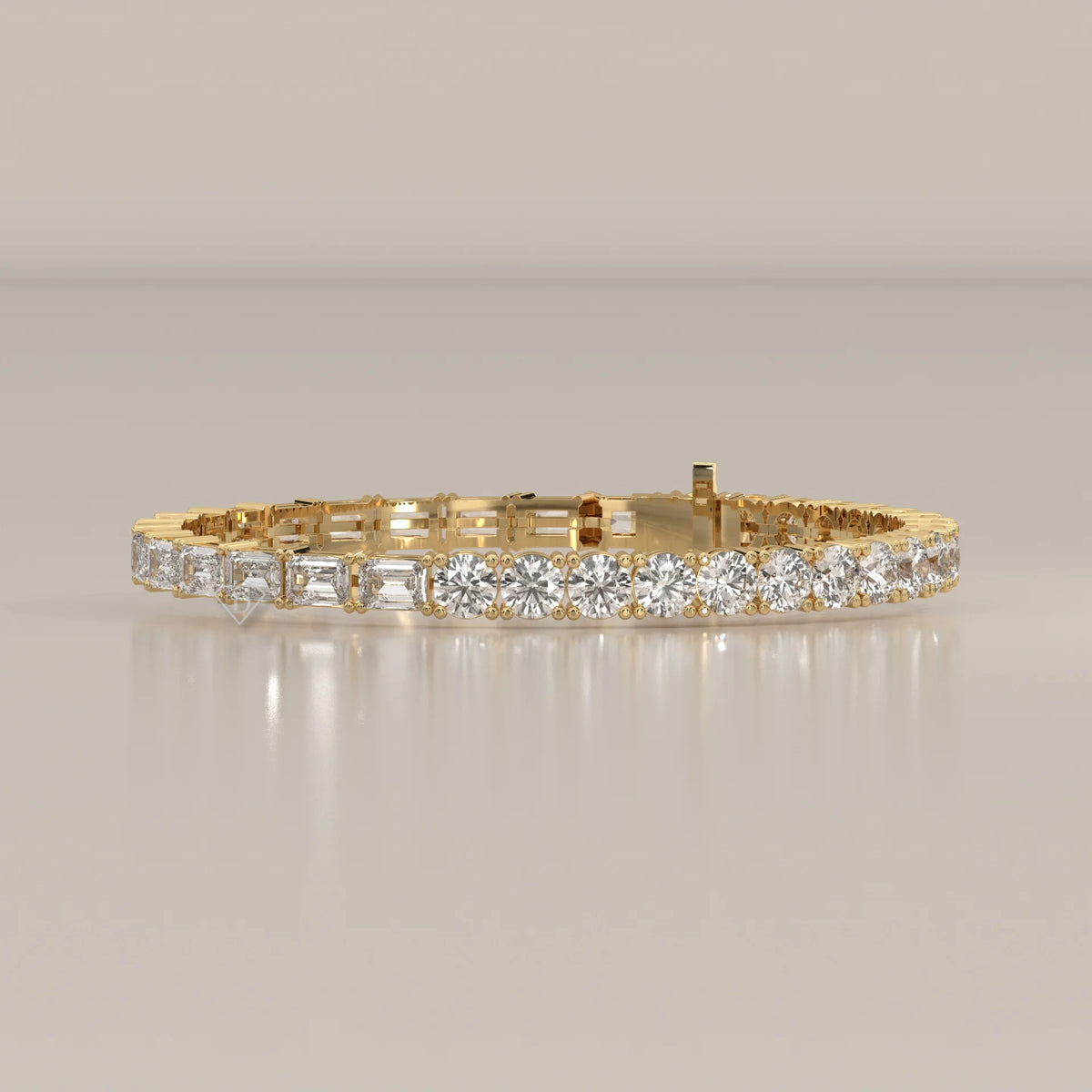 Half Round Half Emerald Cut Lab Grown Diamond Tennis Bracelet in yellow gold, shown from the front.