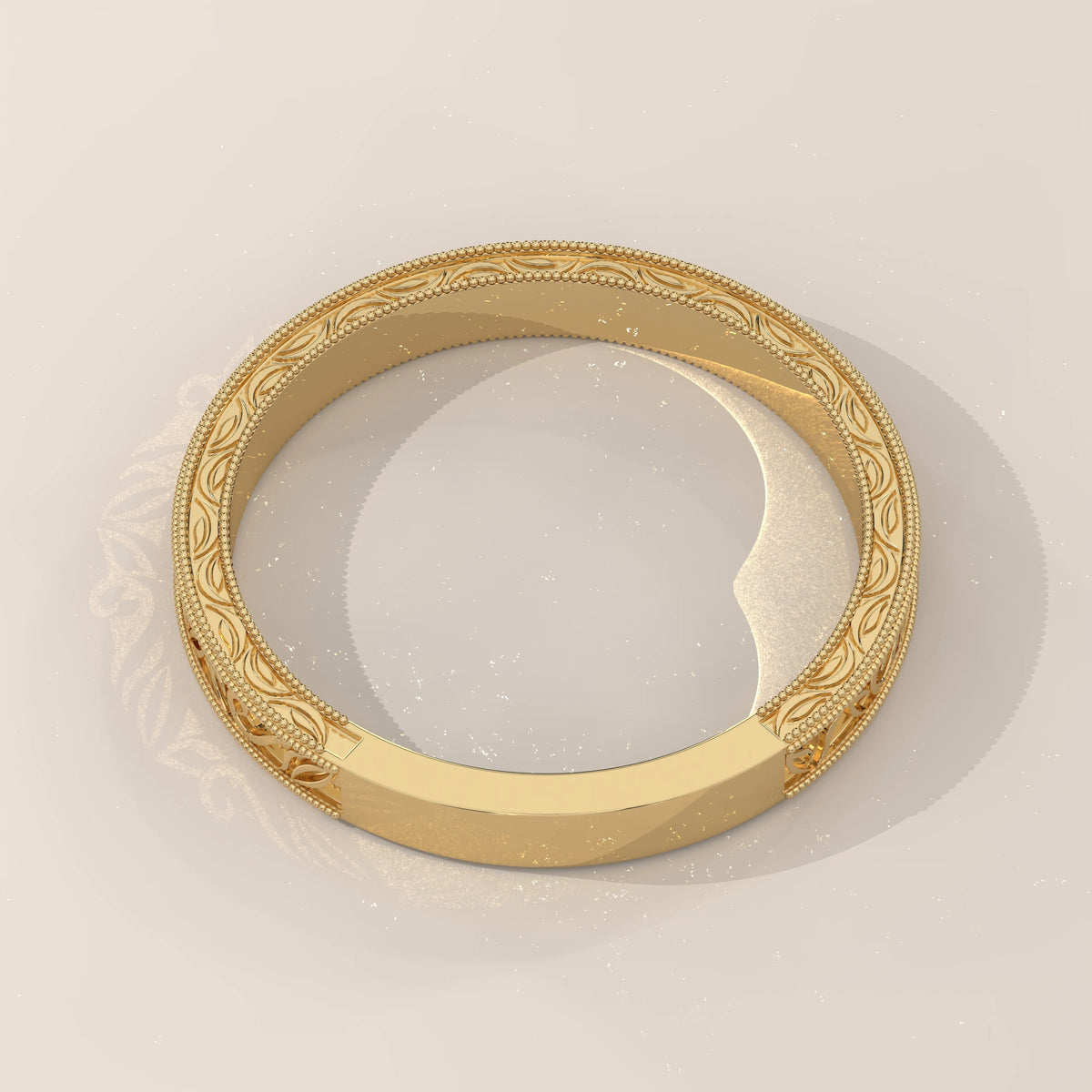 Hand Engraved Acanthus Scroll Gold Band with Milgrain Edges, shown at an angle.