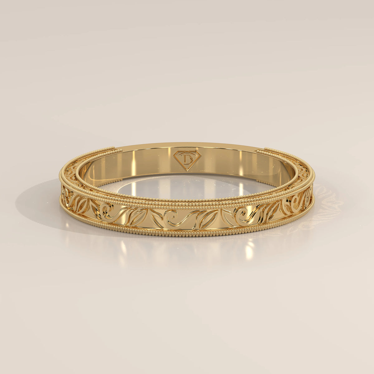 Hand Engraved Acanthus Scroll Gold Band with Milgrain Edges, shown from the side.