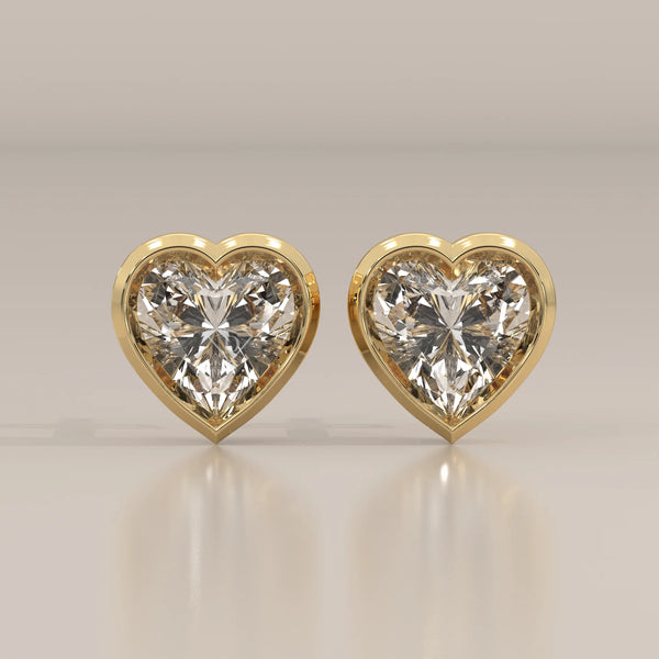 Front View: Heart Diamond Stud Earrings with Bezel Setting in Yellow Gold – Lab Grown – Driona Jewels