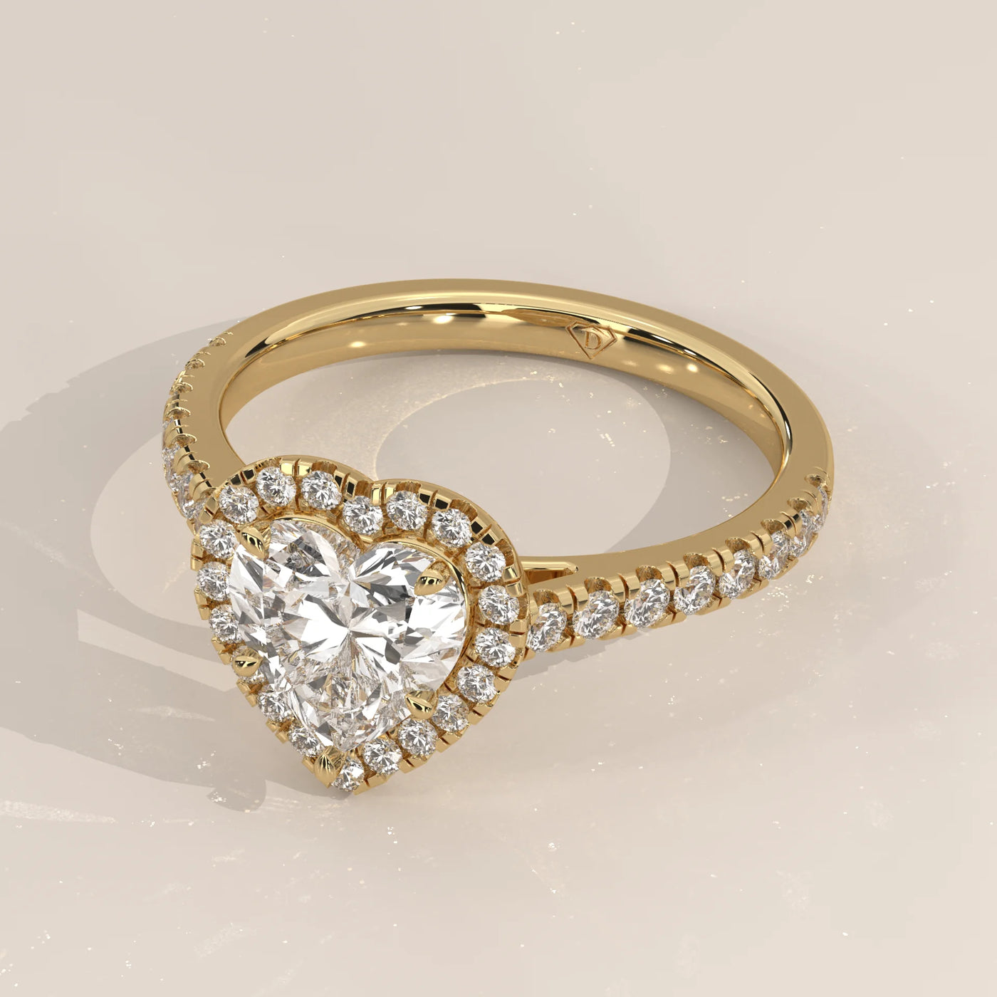 Angle View: Heart Diamond Engagement Ring with Halo Setting in Yellow Gold – Lab Grown – Driona Jewels