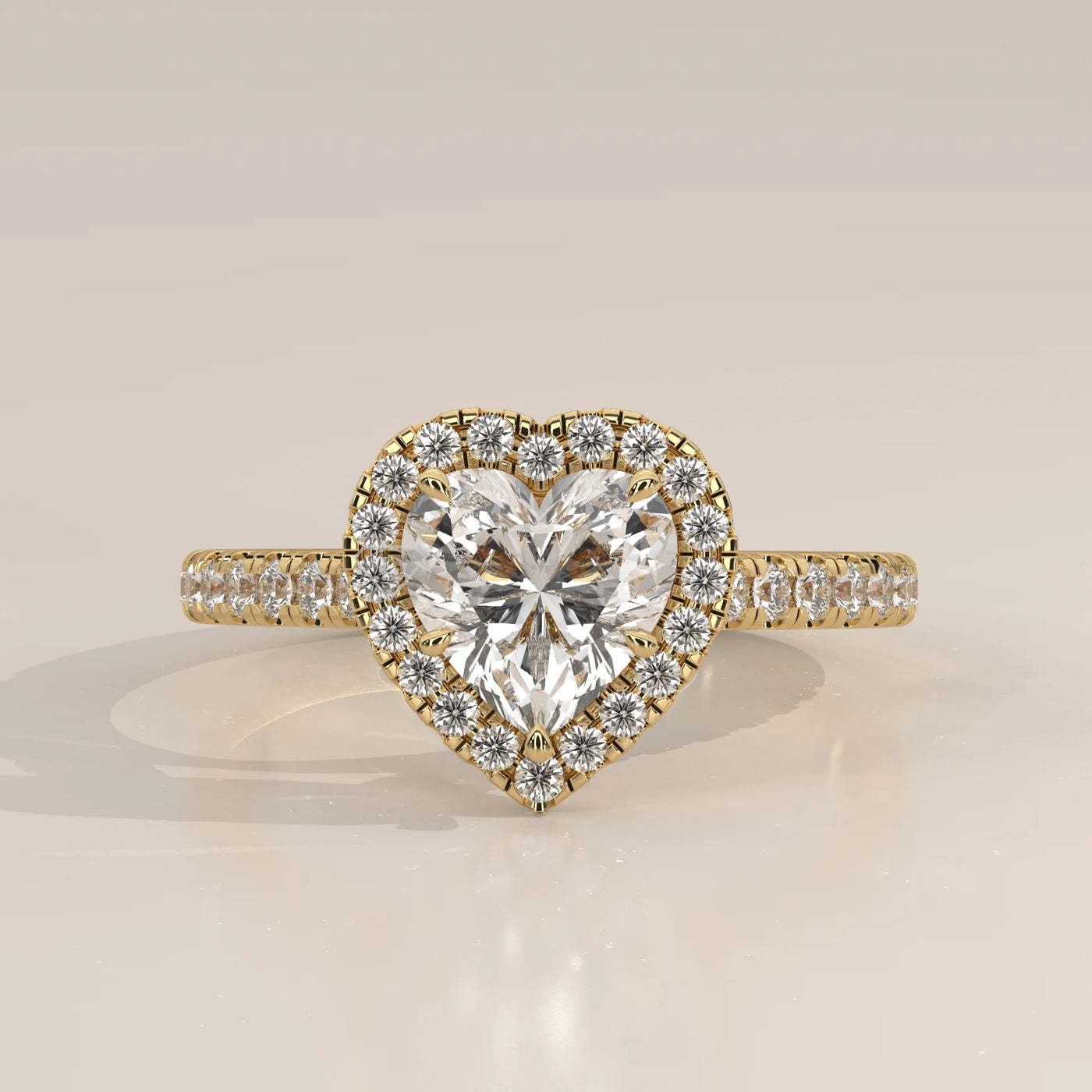 Side Profile: Heart Diamond Engagement Ring with Halo Setting in Yellow Gold – Lab Grown – Driona Jewels