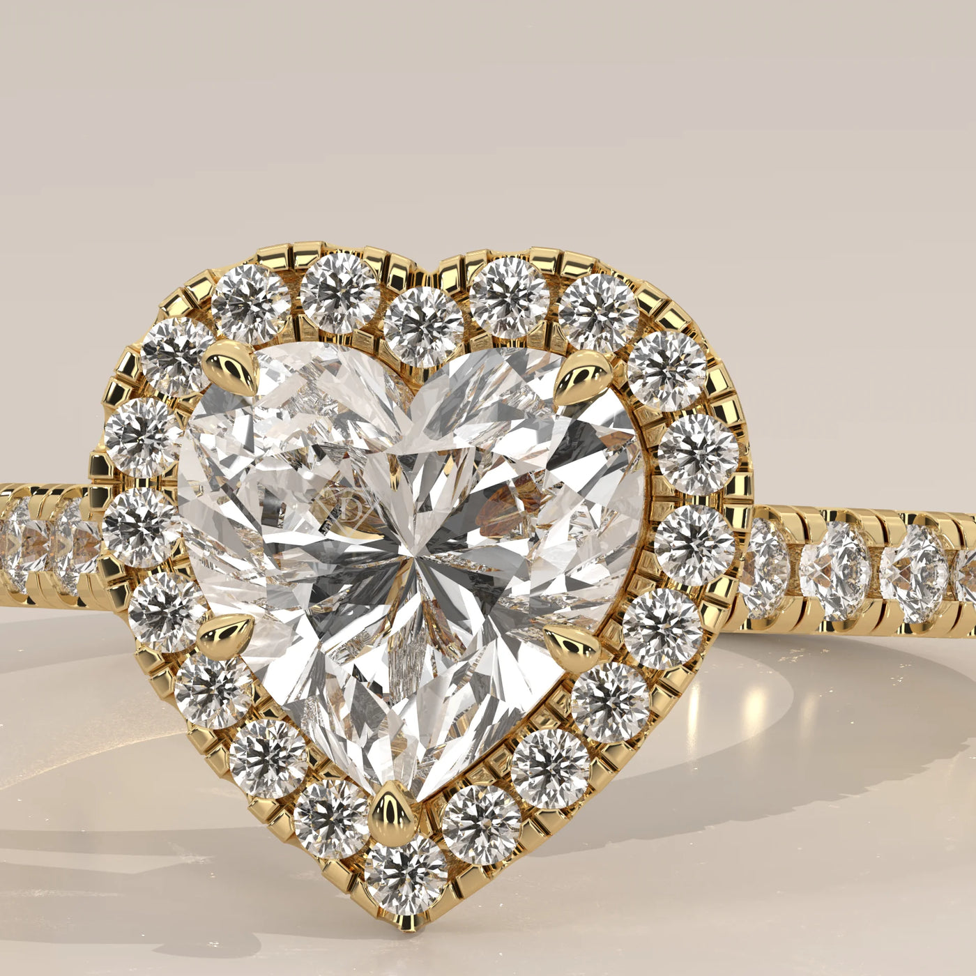 Stone Detail: Heart Lab Grown Diamonds in Halo Setting – Yellow Gold – Driona Jewels