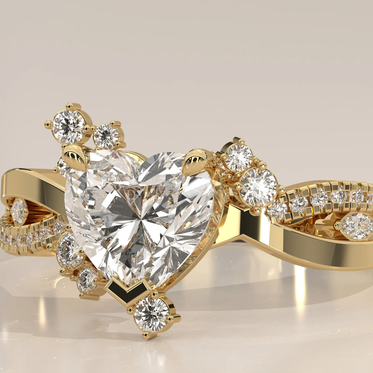 Gold ring with a large heart-shaped diamond and smaller accent diamonds.