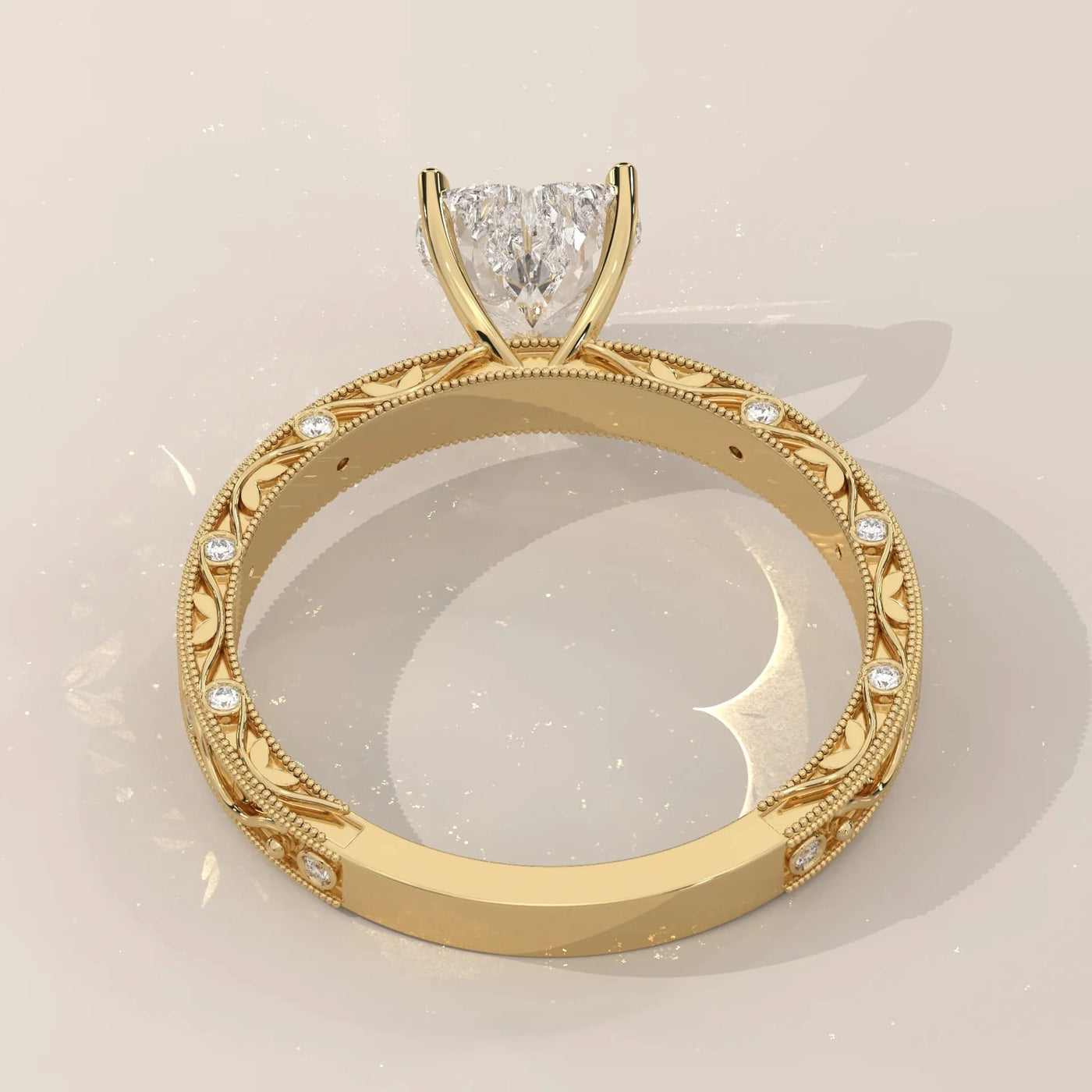 Angle View: Heart Diamond Ring with Openwork Setting in Yellow Gold – Lab Grown – Driona Jewels