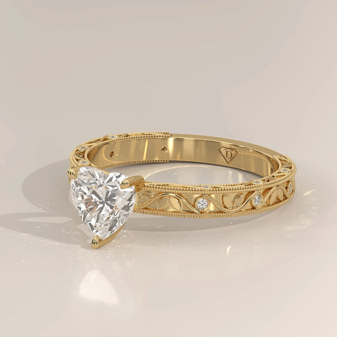 Angle View: Heart Diamond Ring with Openwork Setting in Yellow Gold – Lab Grown – Driona Jewels