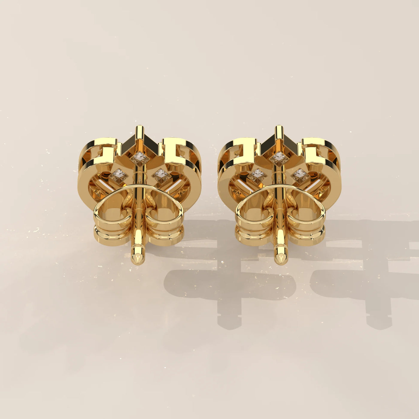 Back View: Princess Diamond Stud Earrings with Cluster Setting in Yellow Gold – Lab Grown – Driona Jewels