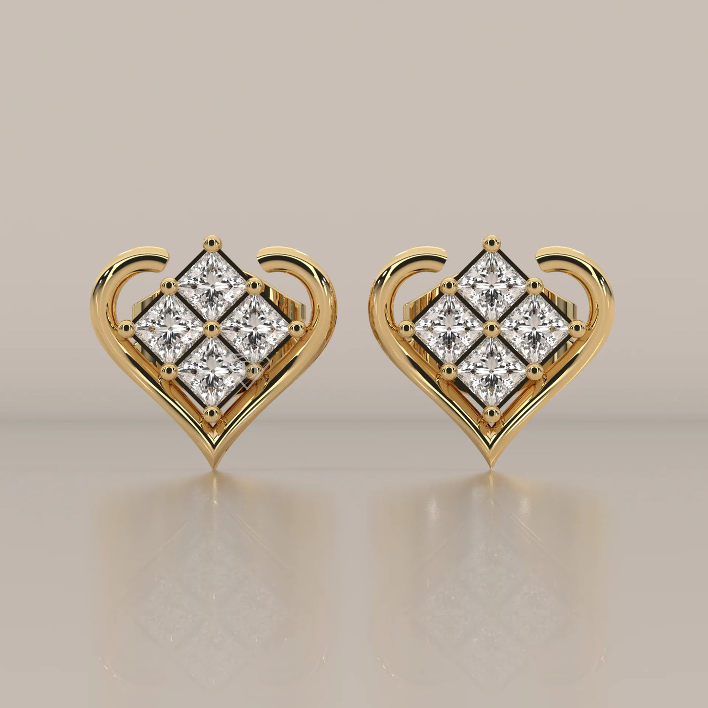 Front View: Princess Diamond Stud Earrings with Cluster Setting in Yellow Gold – Lab Grown – Driona Jewels