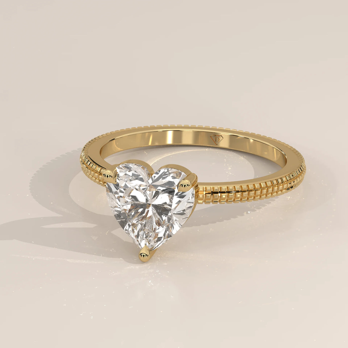 Yellow gold ring with a large, clear heart-shaped diamond.