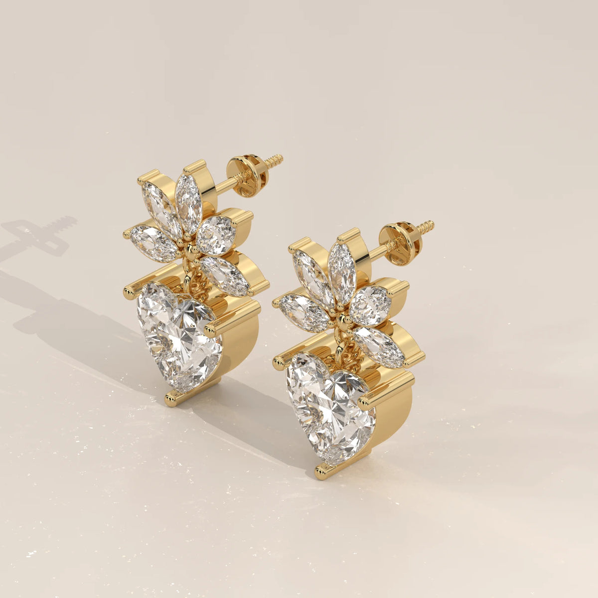 Heart Drop Lab Grown Diamond Earrings with Marquise Fan Crown in yellow gold, photographed head-on.