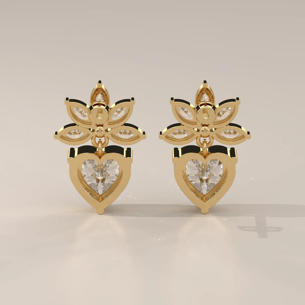 Heart Drop Lab Grown Diamond Earrings with Marquise Fan Crown in yellow gold, front view on a plain background.