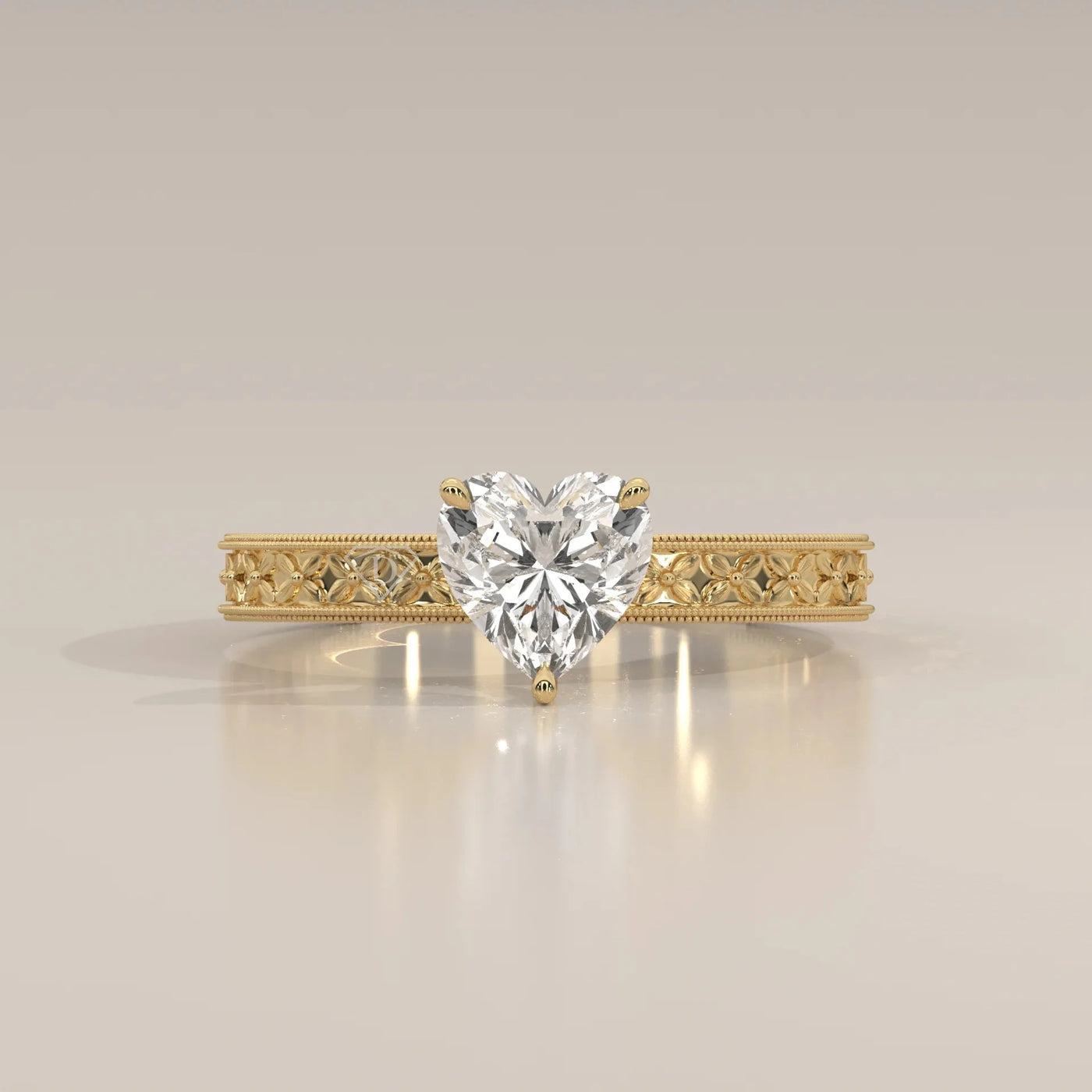 Front View: Heart Diamond Ring with Solitaire Setting in Yellow Gold – Lab Grown – Driona Jewels