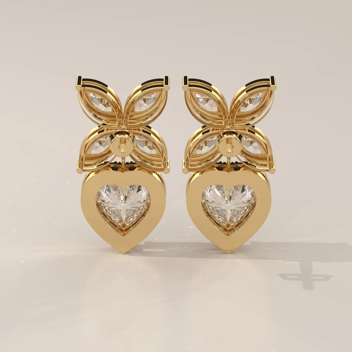 Heart Halo Lab Grown Diamond Drops with Marquise Butterfly Top in yellow gold, photographed head-on.