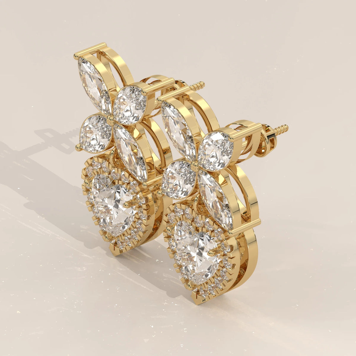 Heart Halo Lab Grown Diamond Drops with Marquise Butterfly Top in yellow gold, shown at an angle.