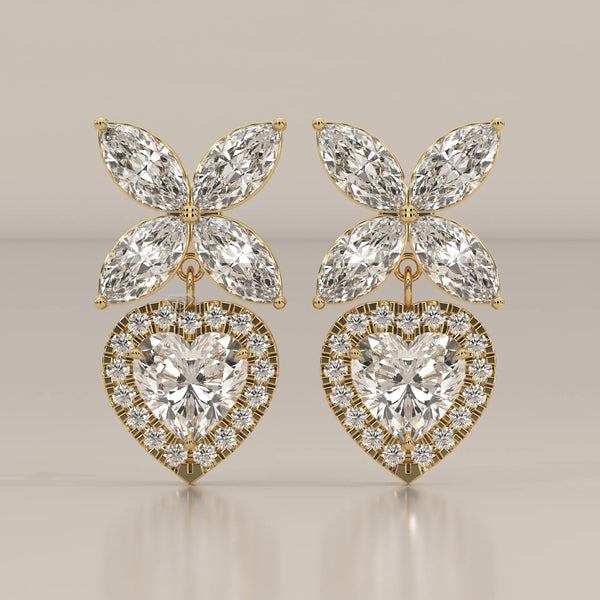 Heart Halo Lab Grown Diamond Drops with Marquise Butterfly Top in yellow gold, shown from the front.