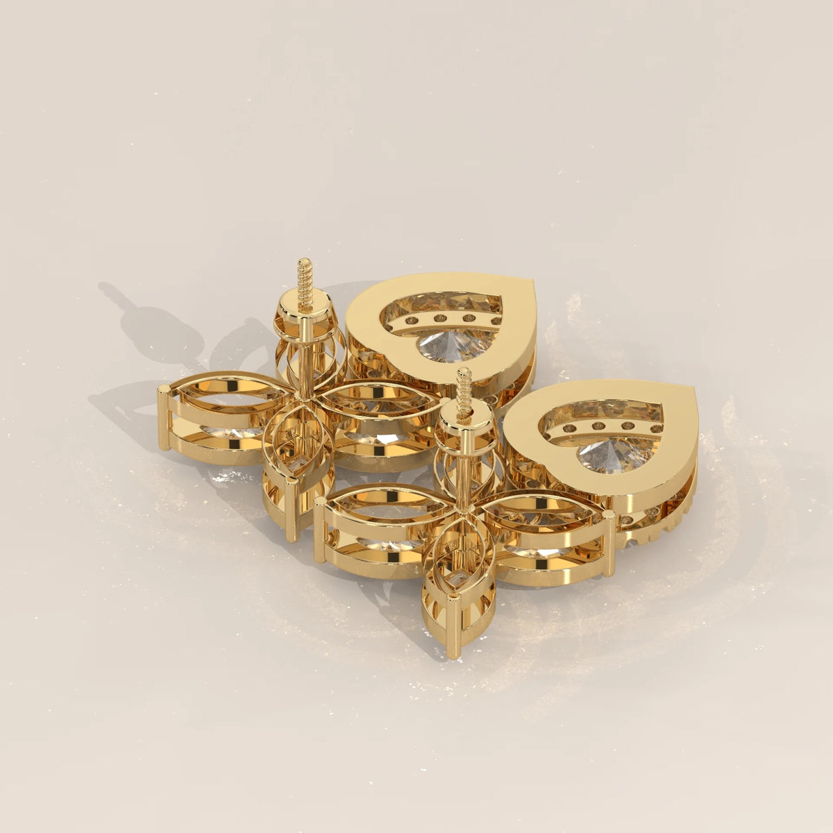 Heart Halo Lab Grown Diamond Drops with Marquise Butterfly Top in yellow gold, shown from the side.