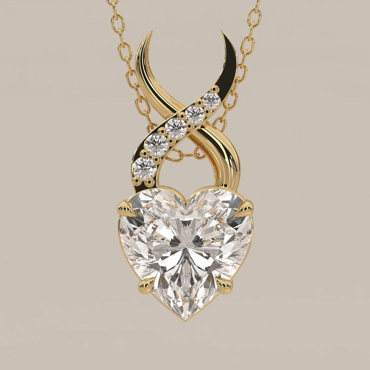 Heart Lab Grown Diamond Pendant with a Pave Twist Bail in yellow gold, front view on a plain background.