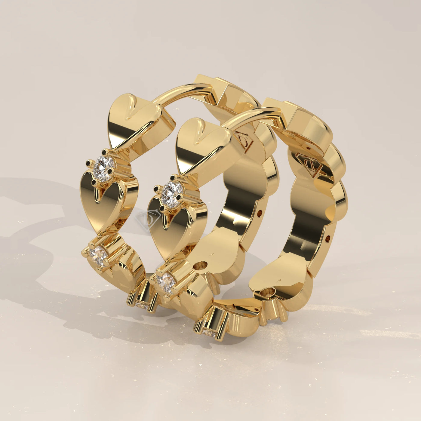 Three-Quarter View: Heart Diamond Hoop Earrings with Prong Setting in Yellow Gold – Lab Grown – Driona Jewels