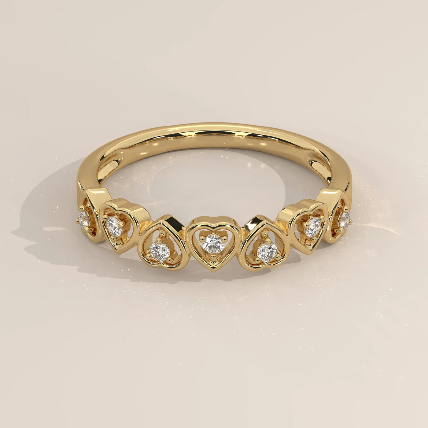 Three-Quarter View: Heart Diamond Wedding Band with Prong Setting in Yellow Gold – Lab Grown – Driona Jewels