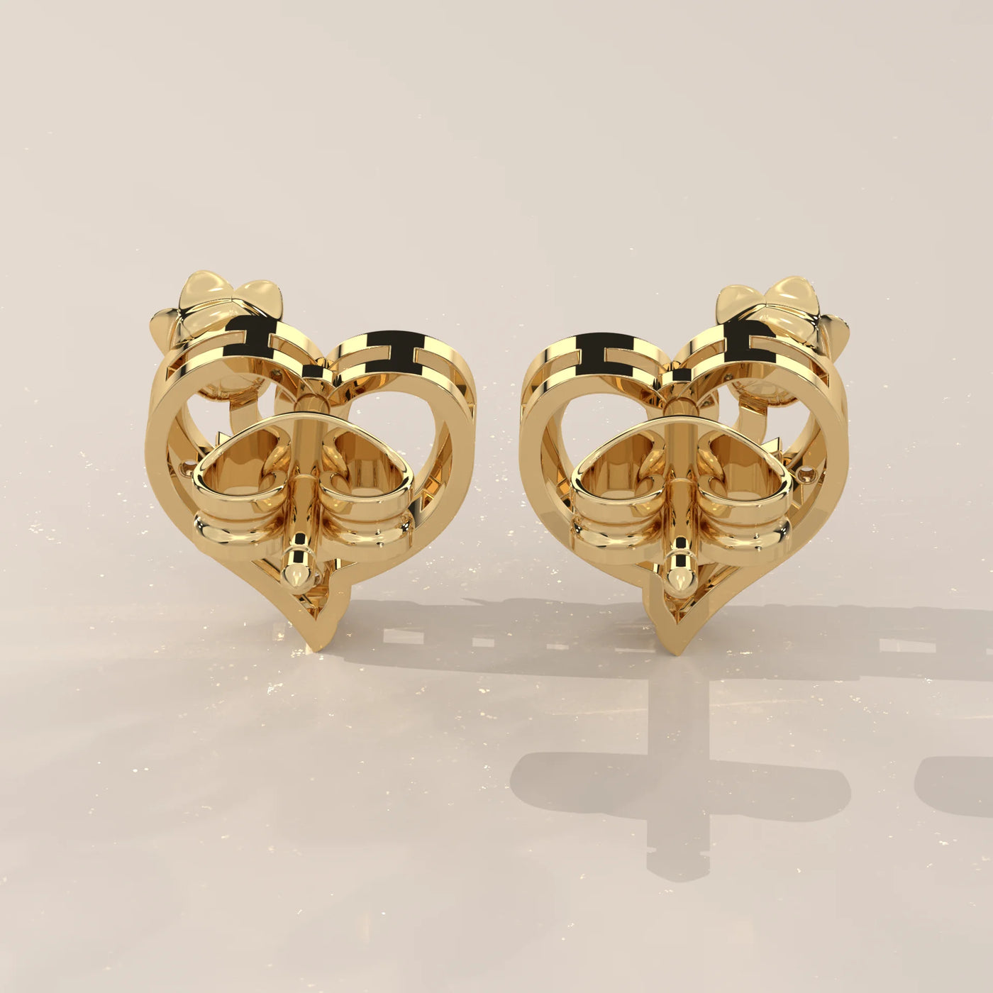 Back View: Heart Diamond Stud Earrings with Prong Setting in Yellow Gold – Lab Grown – Driona Jewels