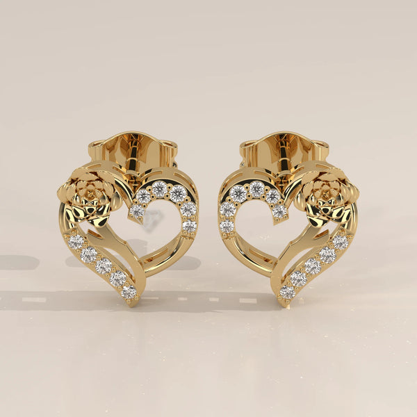 Pair Front View: Heart Diamond Stud Earrings with Prong Setting in Yellow Gold – Lab Grown – Driona Jewels