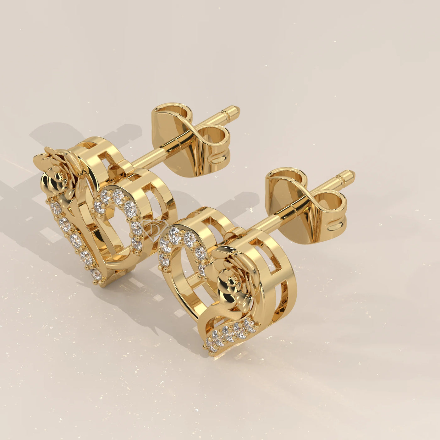 Three-Quarter View: Heart Diamond Stud Earrings with Prong Setting in Yellow Gold – Lab Grown – Driona Jewels