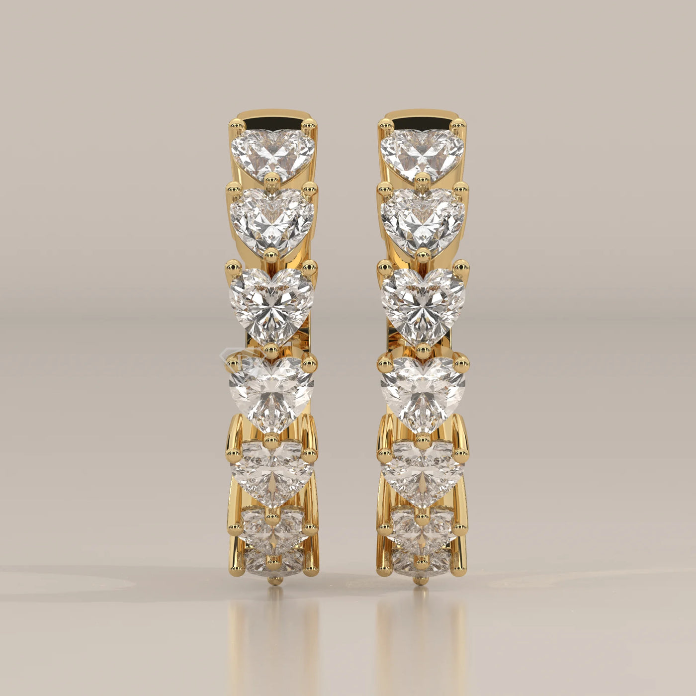 Front View: Heart Diamond Hoop Earrings with Prong Setting in Yellow Gold – Lab Grown – Driona Jewels
