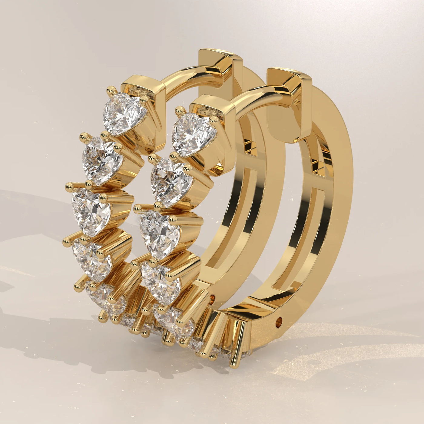 Three-Quarter View: Heart Diamond Hoop Earrings with Prong Setting in Yellow Gold – Lab Grown – Driona Jewels