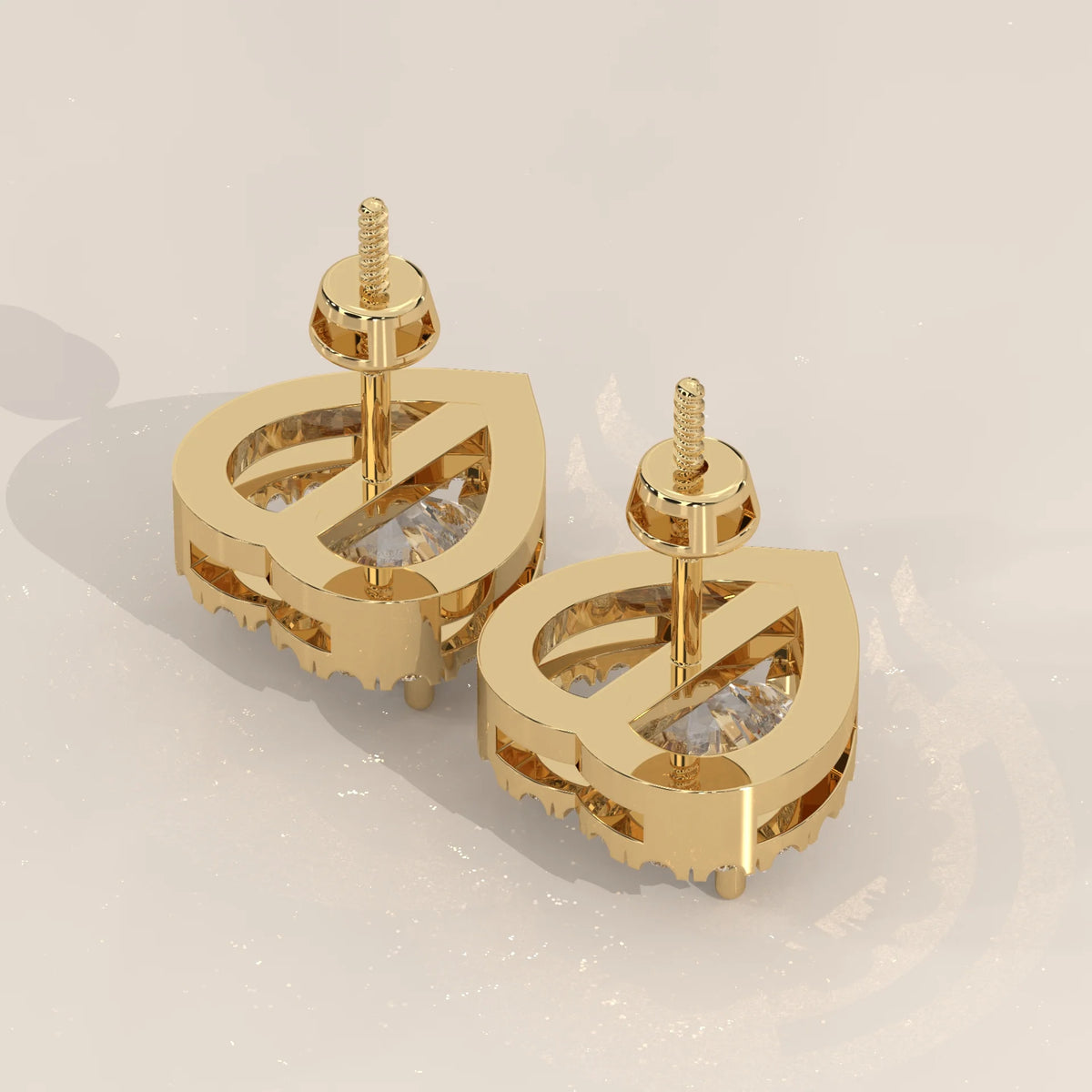 Heart Shape Halo Lab Grown Diamond Stud Earrings with Screw Backs in yellow gold, product photograph on a plain background.