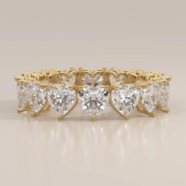 Heart Shaped Lab Grown Diamond Full Eternity Ring in Gold in yellow gold, photographed head-on.