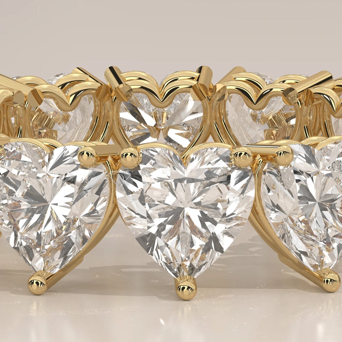 Heart Shaped Lab Grown Diamond Full Eternity Ring in Gold in yellow gold, front view on a plain background.