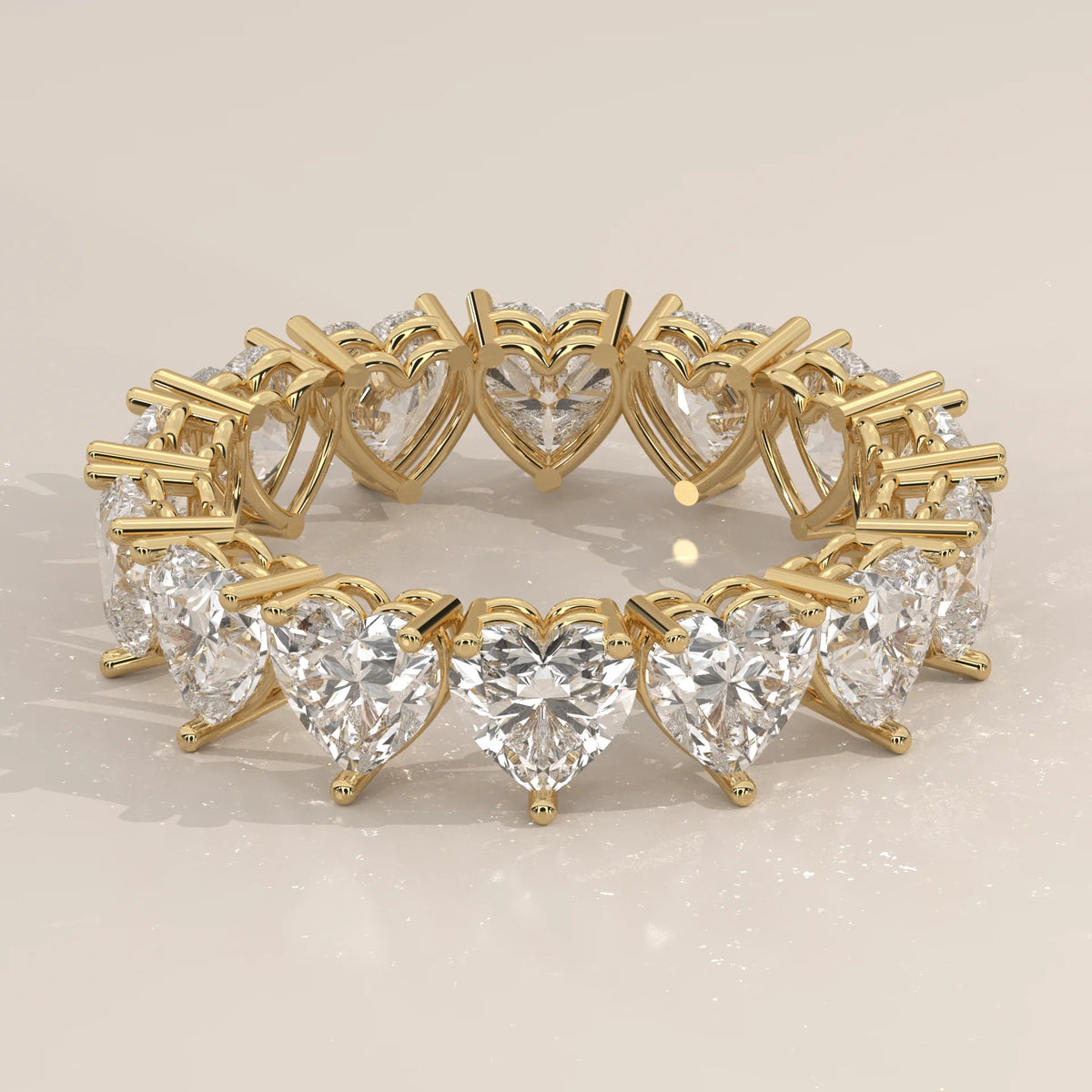 Heart Shaped Lab Grown Diamond Full Eternity Ring in Gold in yellow gold, shown from the front.