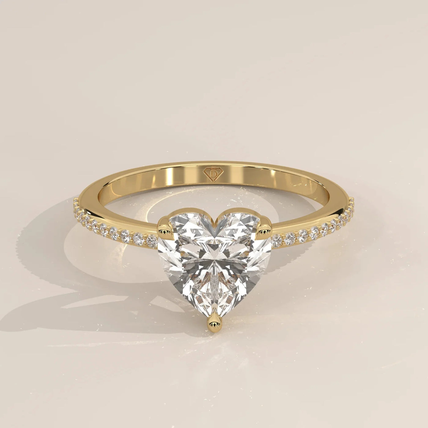 Front View: Heart Diamond Engagement Ring with Pavé Setting in Yellow Gold – Lab Grown – Driona Jewels