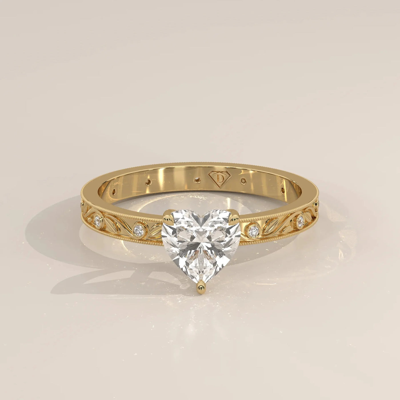 Front View: Heart Diamond Ring with Solitaire Setting in Yellow Gold – Lab Grown – Driona Jewels