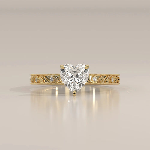 Front View: Heart Diamond Ring with Solitaire Setting in Yellow Gold – Lab Grown – Driona Jewels