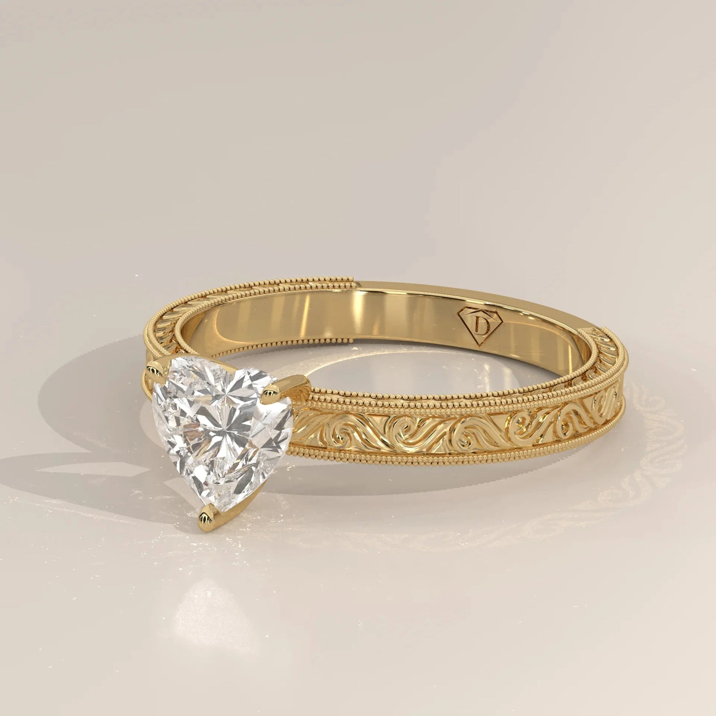 Angle View: Heart Diamond Ring with Solitaire Setting in Yellow Gold – Lab Grown – Driona Jewels