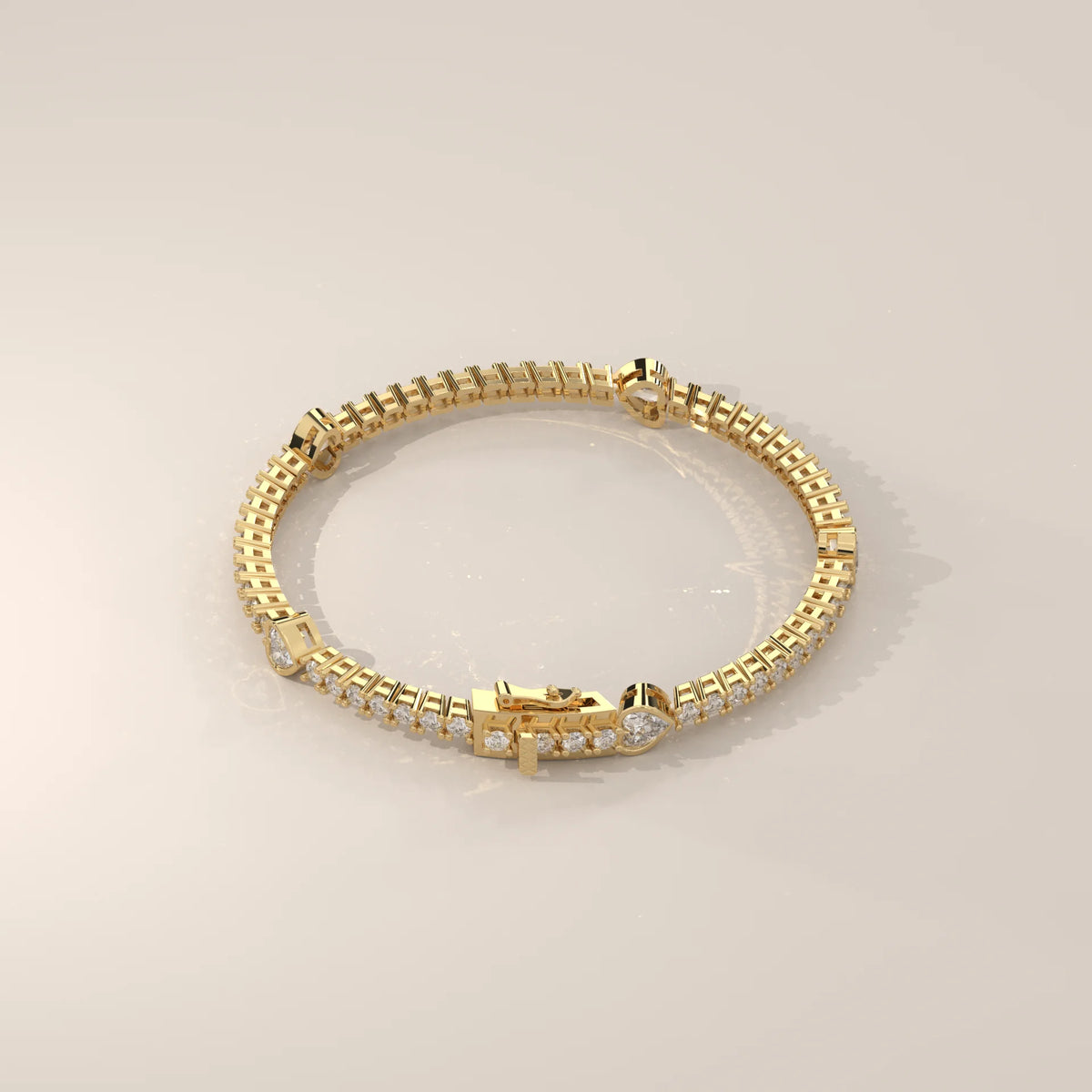 Heart Station Lab Grown Diamond Tennis Bracelet with Round Line in yellow gold, shown on a plain background.