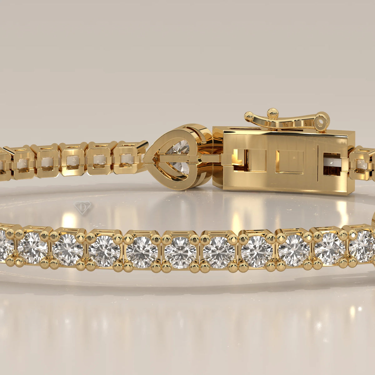 Heart Station Lab Grown Diamond Tennis Bracelet with Round Line in yellow gold, product photograph on a plain background.