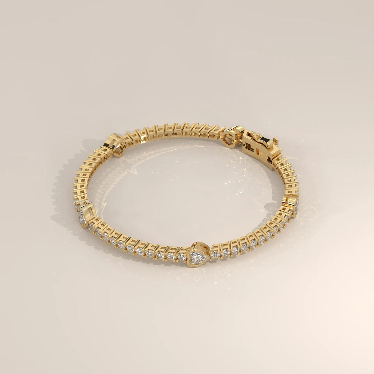 Heart Station Lab Grown Diamond Tennis Bracelet with Round Line in yellow gold, side profile view.
