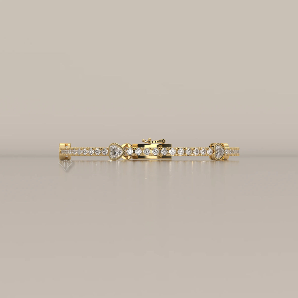 Heart Station Lab Grown Diamond Tennis Bracelet with Round Line in yellow gold, shown from the side.
