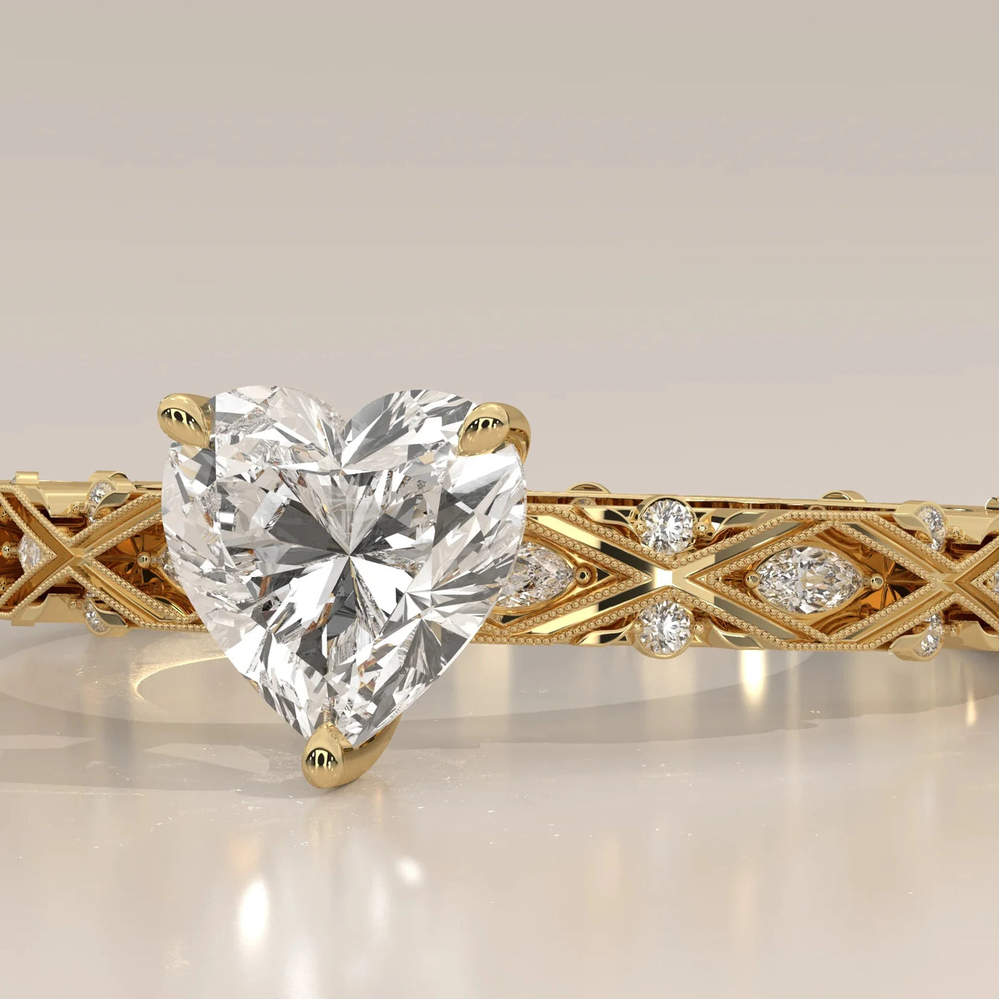 Front View: Heart Diamond Ring with Solitaire Setting in Yellow Gold – Lab Grown – Driona Jewels