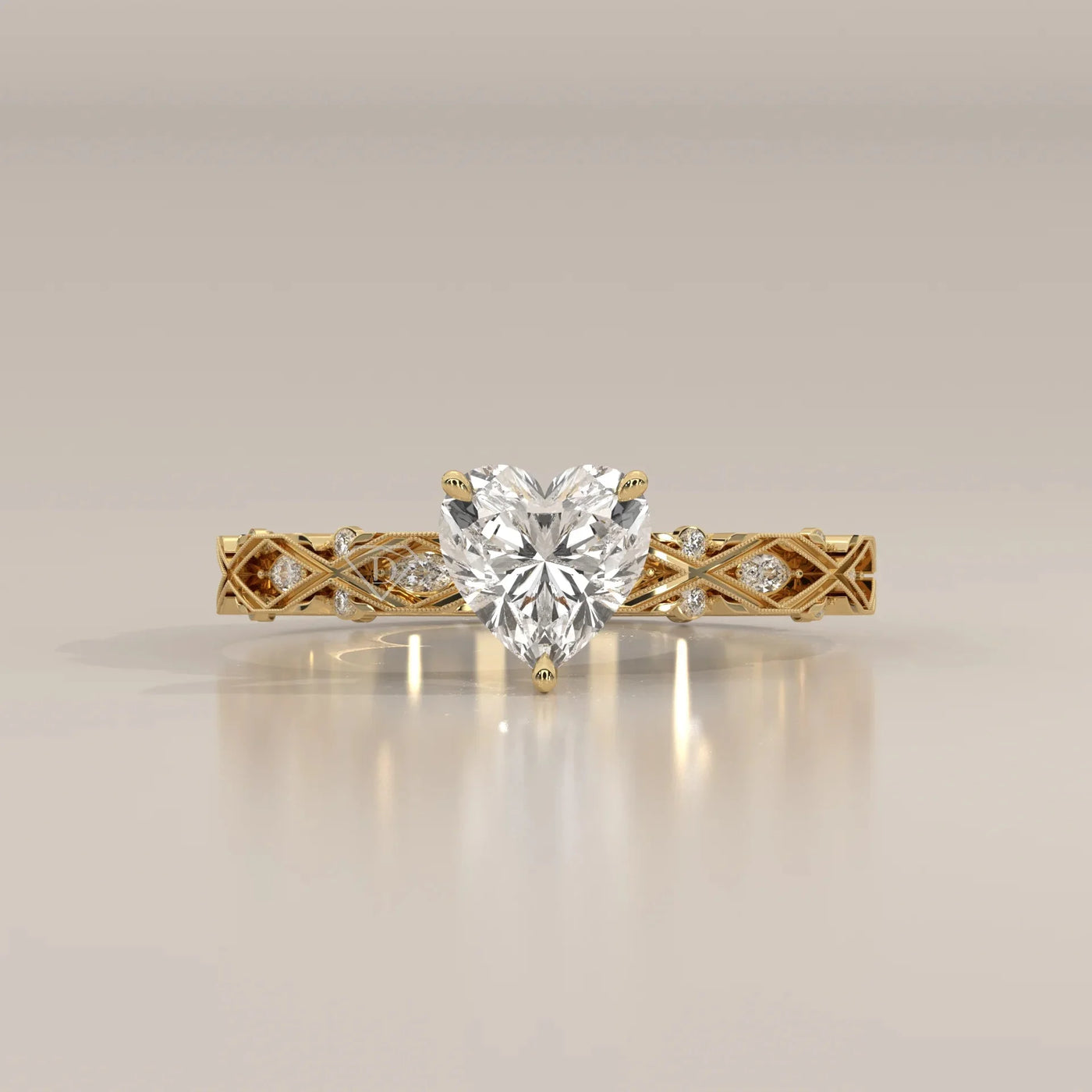 Front View: Heart Diamond Ring with Solitaire Setting in Yellow Gold – Lab Grown – Driona Jewels