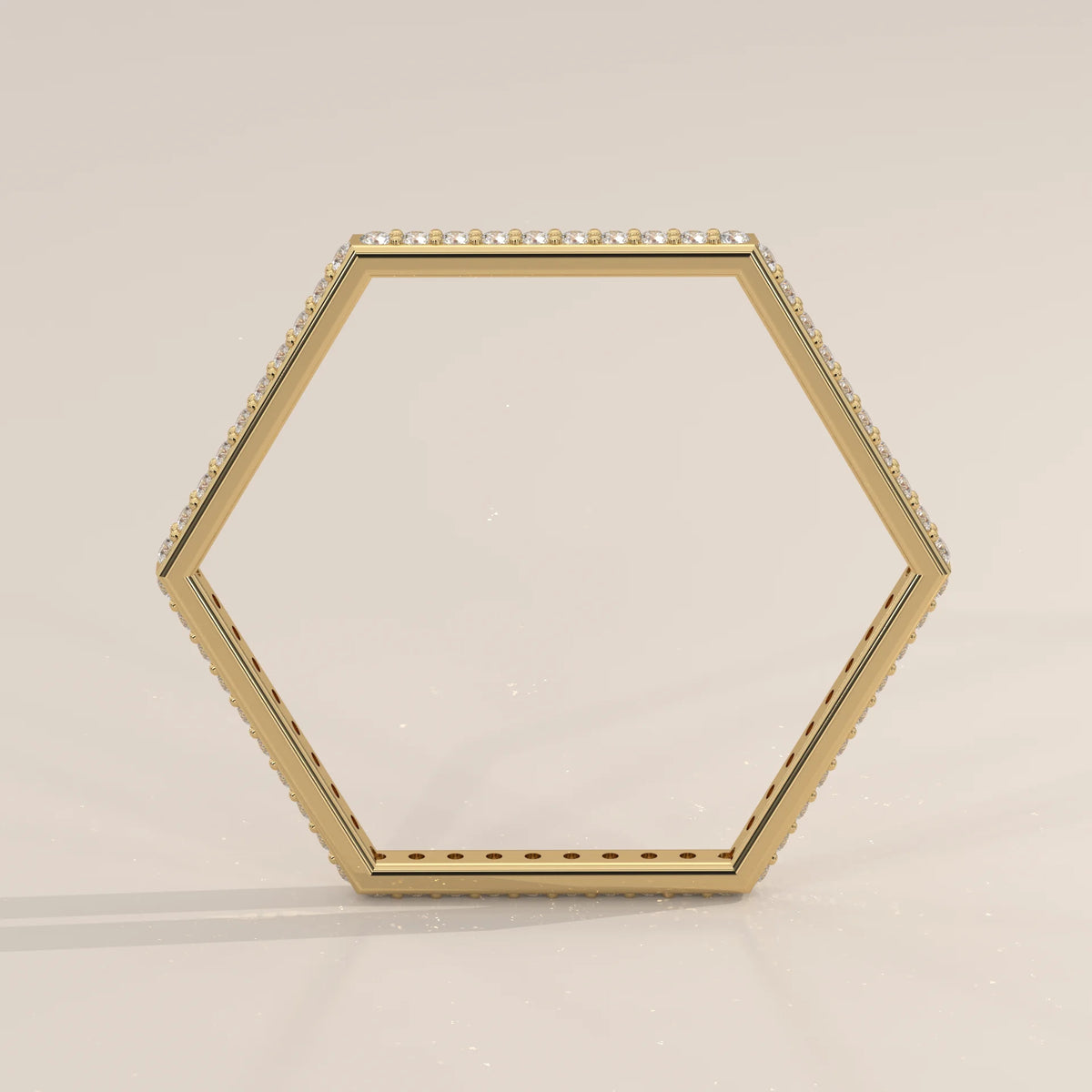 Hexagon Shaped Pave Diamond Band Ring in Solid Gold in yellow gold, front view on a plain background.
