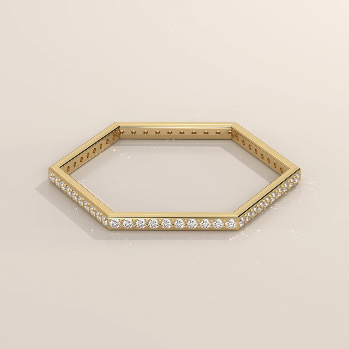 Hexagon Shaped Pave Diamond Band Ring in Solid Gold in yellow gold, shown from the front.