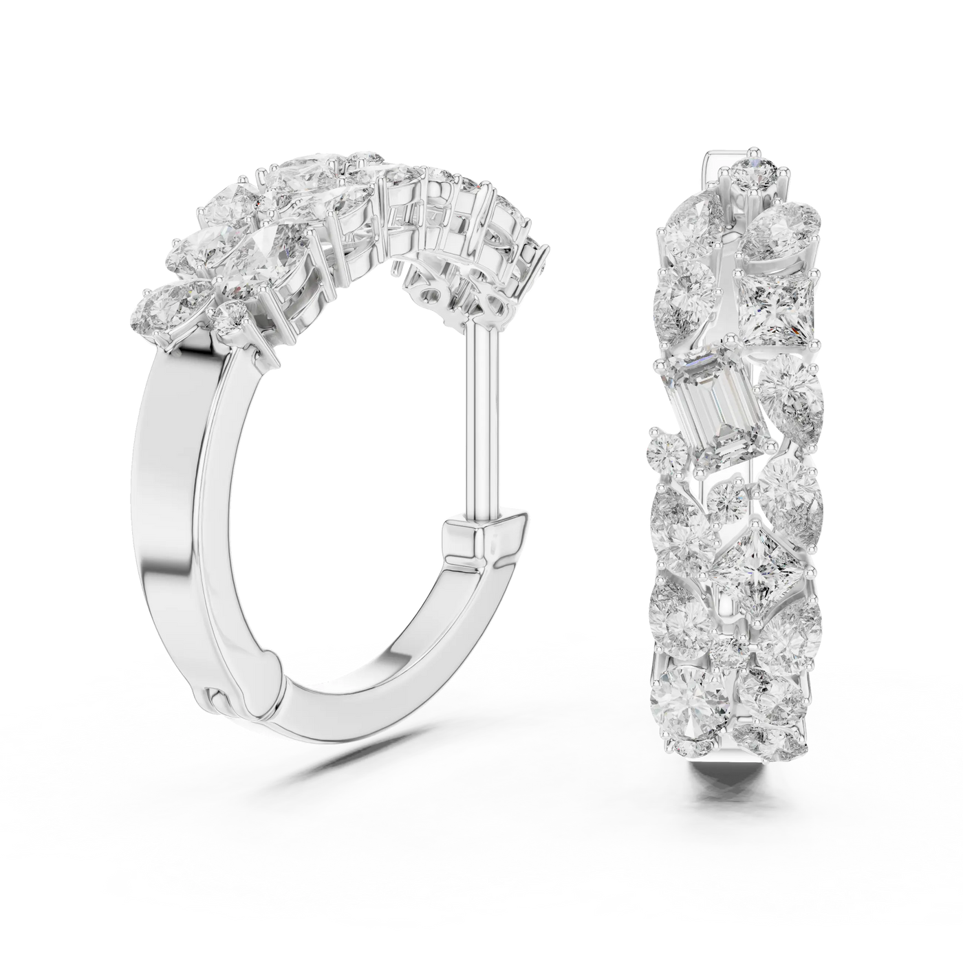 Pair-Shot: Baguette Diamond Hoop Earrings with Pave Setting in 14k White Gold - Lab Grown - Driona Jewels