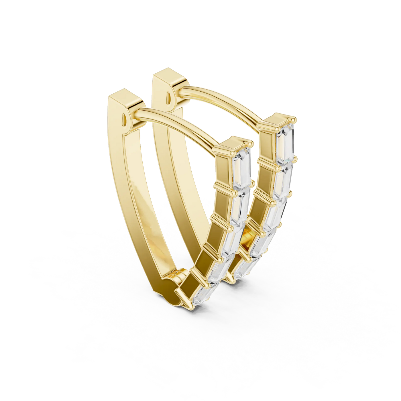 Three-quarter-view: Baguette Diamond Hoop Earrings with Pave Setting in 14k Yellow Gold - Lab Grown - Driona Jewels