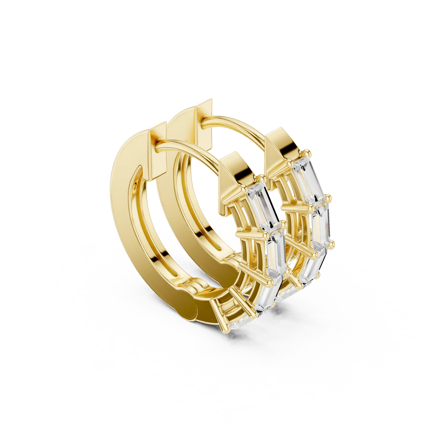 Three-quarter-view: Emerald Cut Diamond Hoop with Bezel Setting in 14k Yellow Gold - Lab Grown - Driona Jewels