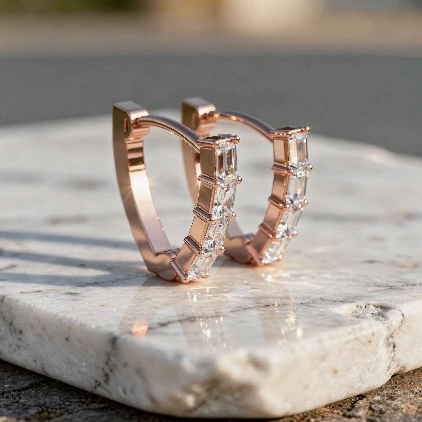 Pair-Shot: Emerald Cut Diamond Hoop Earrings with Pave Setting in 14k Rose Gold - Lab Grown - Driona Jewels