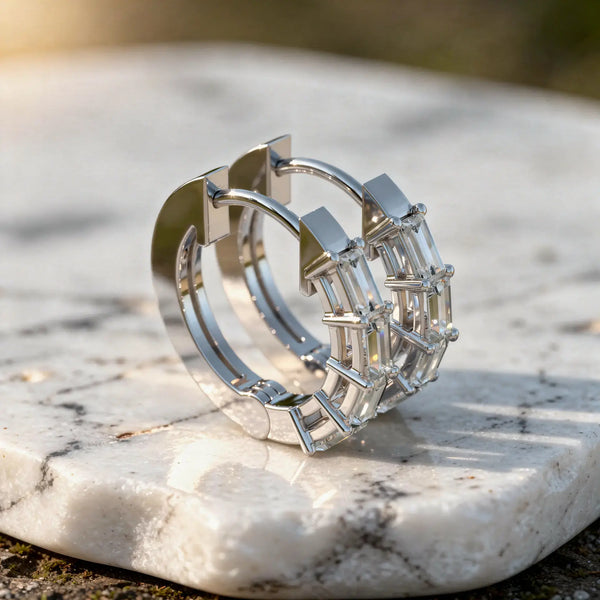 Three-quarter-view: Emerald Cut Diamond Hoop with Pave Setting in 14k White Gold - Lab Grown - Driona Jewels