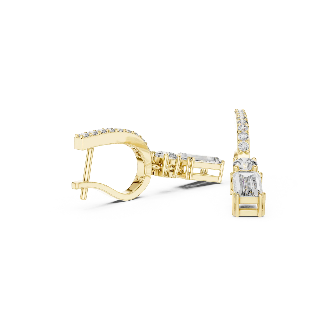 Three-quarter View: Emerald Cut Diamond Hoop Earrings with Pave Setting in 14k Yellow Gold - Lab Grown - Driona Jewels